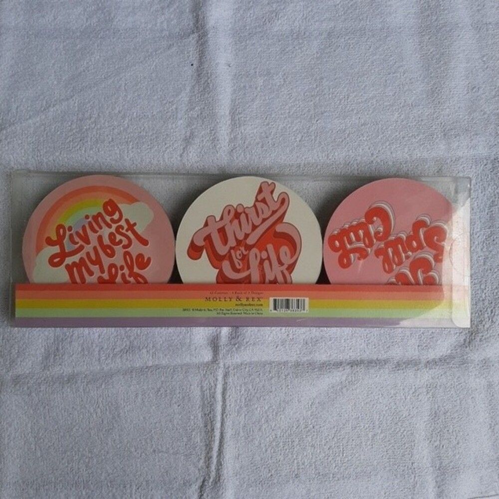 Molly & Rex "Optimistic Messages" Set 12 Coasters Rainbow Retro - Picture 7 of 11